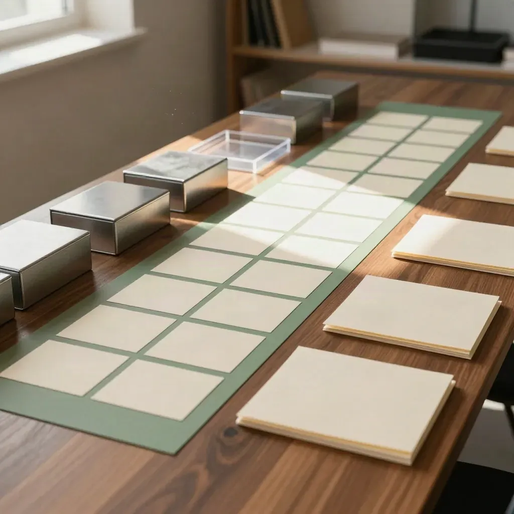 Mesa de mapeamento com cartões brancos, caixas organizadoras e faixas verdes em luz suave.