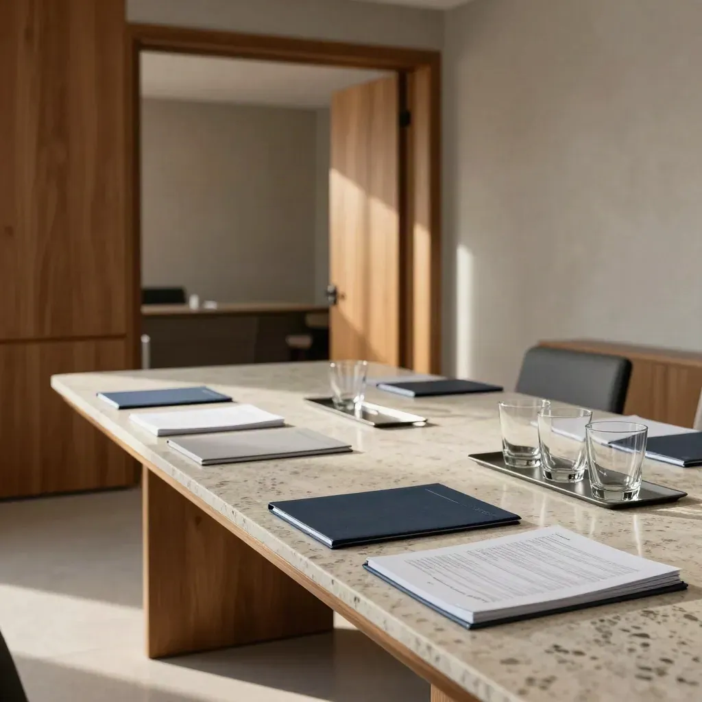 Sala de diagnóstico com mesa diagonal, pastas, bandejas e copos de vidro em luz dramática.