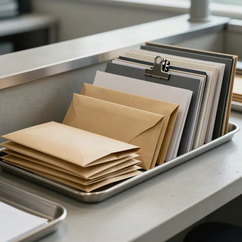 Bandejas e envelopes selados alinhados sobre concreto claro, em cena corporativa editorial.