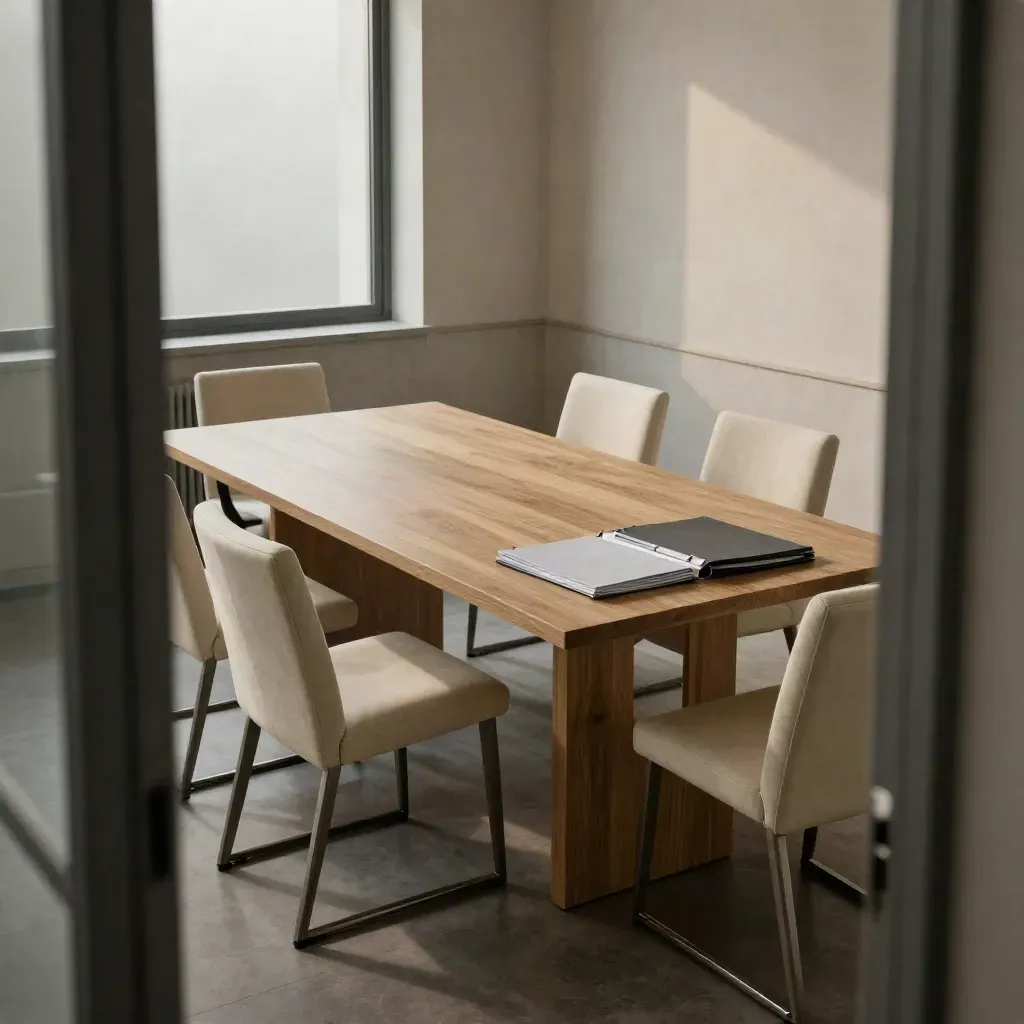Sala de diagnóstico vazia com mesa central, pastas fechadas e luz suave de fim de tarde.