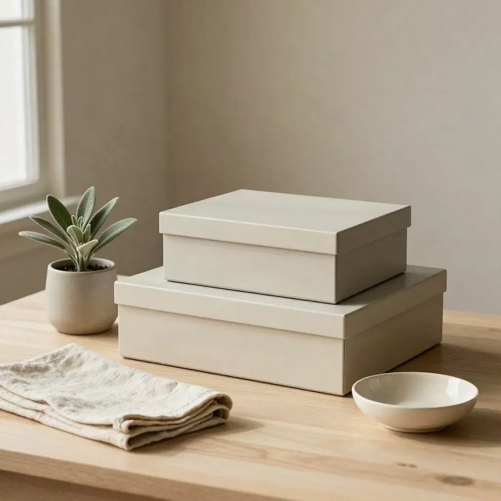 Caixas de mesa encaixadas com planta, pano neutro e prato cerâmico.